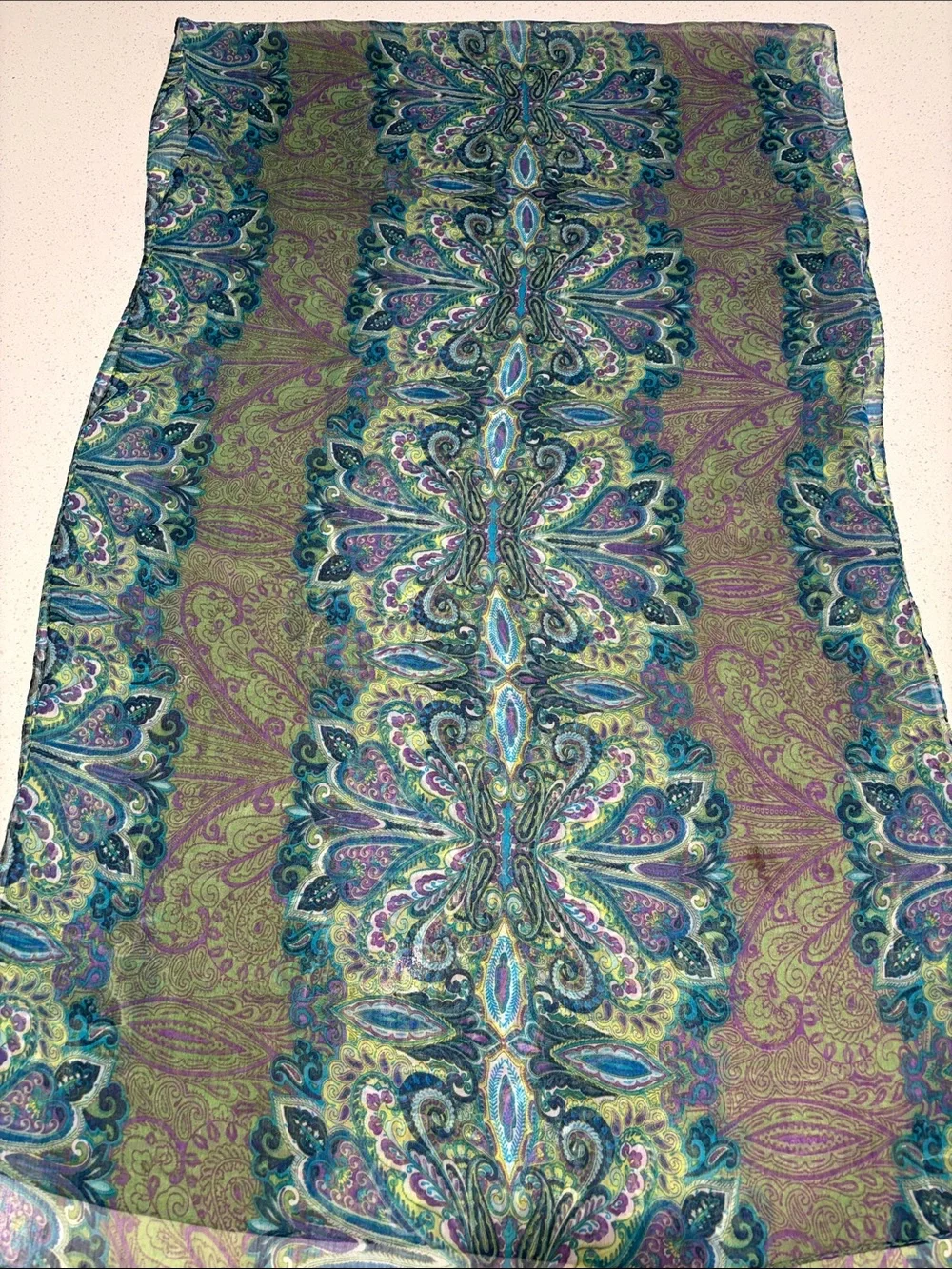 Vintage Paisley Silk Scarf in Green Blue, purple and teal